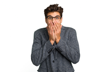 Young caucasian handsome man isolated shocked, covering mouth with hands, anxious to discover something new.