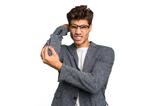 Young caucasian handsome man isolated having a neck pain due to stress, massaging and touching it with hand.