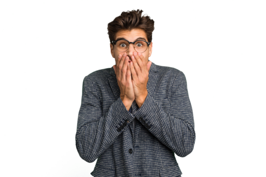 Young caucasian handsome man isolated shocked, covering mouth with hands, anxious to discover something new.