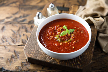 Tomato soup with pesto sauce