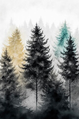 Misty morning in the fir forest, watercolor. Generative AI