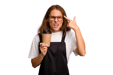 Young caucasian woman holding takeaway coffee isolated showing a disappointment gesture with forefinger.