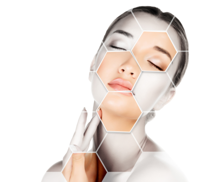 Pretty woman is touching her face, skin treatment concept.
