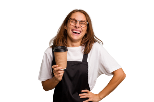 Young caucasian woman holding takeaway coffee isolated laughing and having fun.