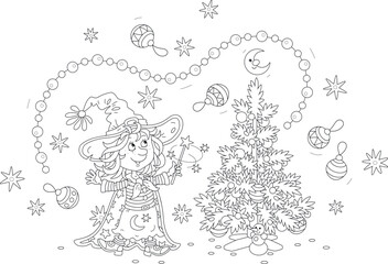 Happy little witch waving her magic wand and decorating a small Christmas tree with flying garlands, toys and balls, black and white outline vector cartoon illustration for a coloring book