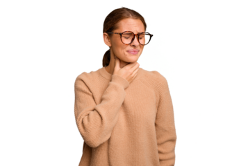 Young caucasian woman isolated suffers pain in throat due a virus or infection.