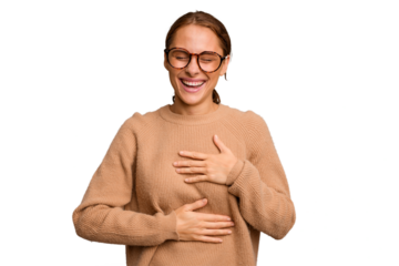 Young caucasian woman isolated laughs happily and has fun keeping hands on stomach.