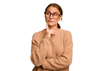 Young caucasian woman isolated contemplating, planning a strategy, thinking about the way of a business.