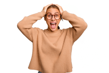 Young caucasian woman isolated screaming, very excited, passionate, satisfied with something.