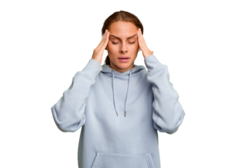 Young caucasian woman isolated touching temples and having headache.