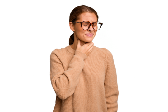 Young caucasian woman isolated suffers pain in throat due a virus or infection.