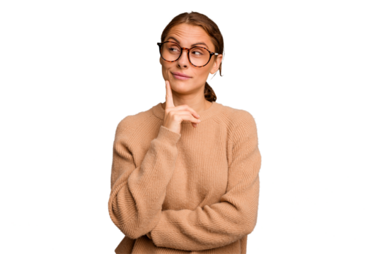 Young caucasian woman isolated contemplating, planning a strategy, thinking about the way of a business.