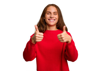 Young caucasian woman isolated smiling and raising thumb up