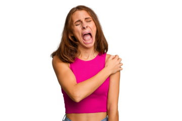 Young caucasian woman isolated having a shoulder pain.