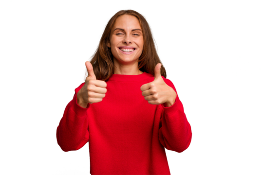 Young caucasian woman isolated smiling and raising thumb up