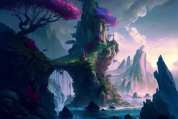 fantasy landscape with castle, moon and clouds