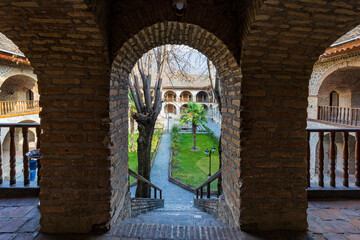 Azerbaijan, Sheki 12, 2022: Courtyard of the Caravanserai