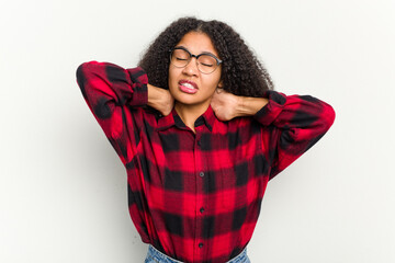 Young african american woman isolated on white background suffering neck pain due to sedentary lifestyle.