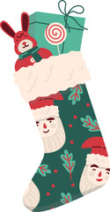 Winter holiday decor Christmas socks with toy rabbit and present