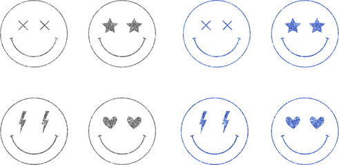 Collection grey and blue glitter smiley faces with stars, hearts, lightning
