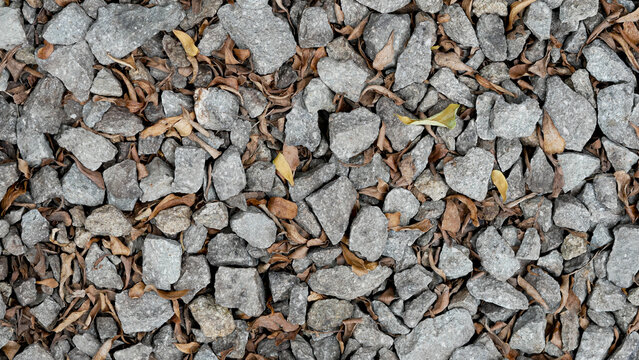 stone aggregate materials for construction. split texture stone with brown leaves