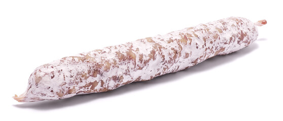 Spanish Fuet thin dried salami sausage isolated on a white background