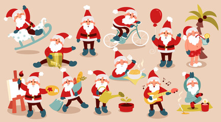 Cute funny Santa Claus flat icons set. Winter holiday celebration. Different Santa Clauses draw, cook, ride a bike, go shop. Ready for Christmas. Color isolated illustrations