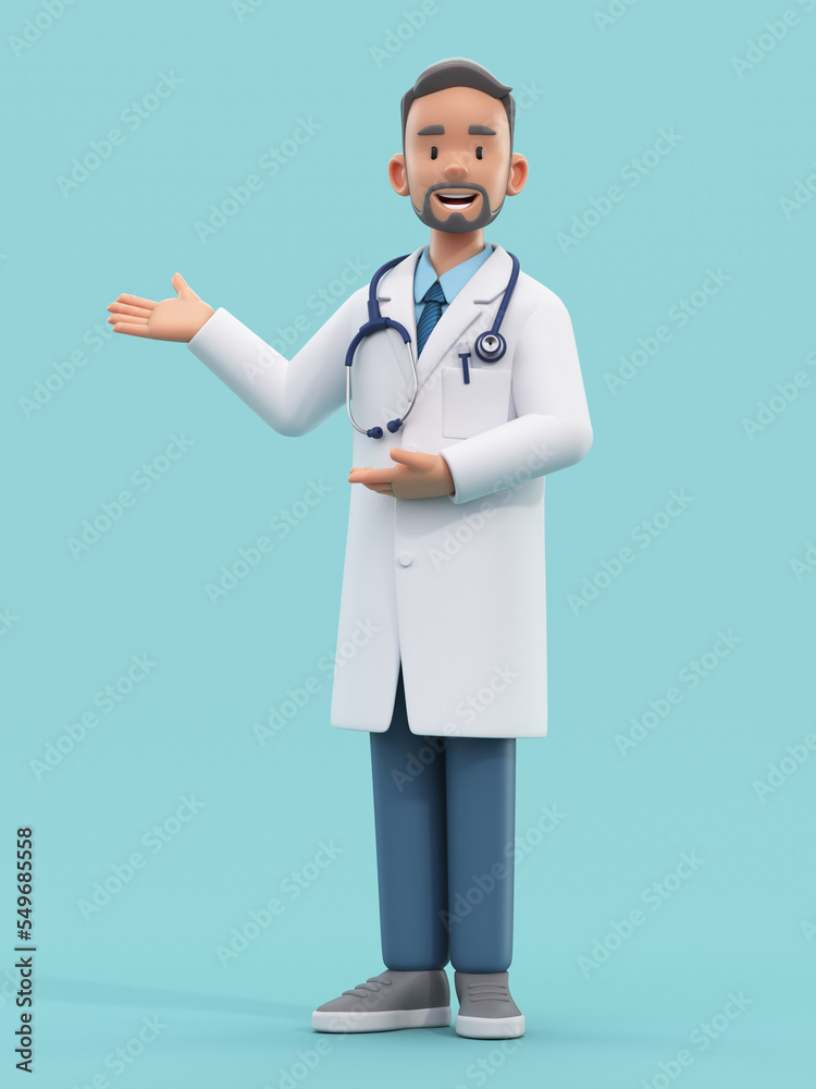 Wall mural cartoon doctor character in presenting or welcoming pose. male medic specialist with stethoscope in 