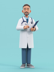 Cartoon doctor character holding pen and clipboard. Male medic specialist with stethoscope in doctor uniform. Professional consultation. Medical concept. 3d rendering - obrazy, fototapety, plakaty