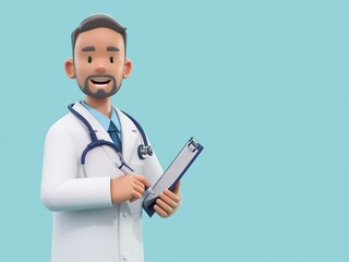 Cartoon doctor character holding pen and clipboard. Male medic specialist with stethoscope in doctor uniform. Professional consultation. Medical concept. 3d rendering - obrazy, fototapety, plakaty