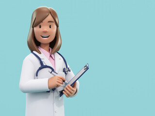 Cartoon doctor character holding pen and clipboard. Female medic specialist with stethoscope in doctor uniform. Professional consultation. Medical concept. 3d rendering - obrazy, fototapety, plakaty