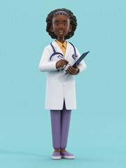 Cartoon doctor character holding pen and clipboard. Female African medic specialist with stethoscope in doctor uniform. Professional consultation. Medical concept. 3d rendering