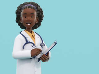 Cartoon doctor character holding pen and clipboard. Female African medic specialist with stethoscope in doctor uniform. Professional consultation. Medical concept. 3d rendering - obrazy, fototapety, plakaty