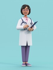 Fototapeta Cartoon doctor character holding pen and clipboard. Female medic specialist with stethoscope in doctor uniform. Professional consultation. Medical concept. 3d rendering obraz