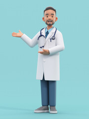 Cartoon doctor character in presenting or welcoming pose. Male medic specialist with stethoscope in doctor uniform. Medical concept. 3d rendering - obrazy, fototapety, plakaty