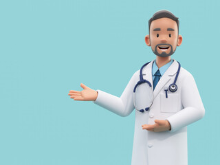 Cartoon doctor character in presenting or welcoming pose. Male medic specialist with stethoscope in doctor uniform. Medical concept. 3d rendering - obrazy, fototapety, plakaty
