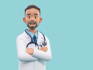 Cartoon doctor character. Male medic specialist with stethoscope in doctor uniform. Medical concept. 3d rendering - obrazy, fototapety, plakaty