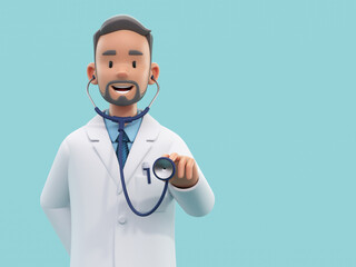 Cartoon doctor character doing check up. Male medic specialist with stethoscope in doctor uniform. Medical concept. 3d rendering - obrazy, fototapety, plakaty