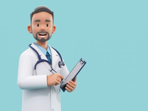 Cartoon doctor character holding pen and clipboard. Male medic specialist with stethoscope in doctor uniform. Professional consultation. Medical concept. 3d rendering