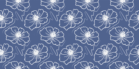 Botanical vector seamless pattern floral repeat background cosmea flowers hand drown minimalistic style white blue color