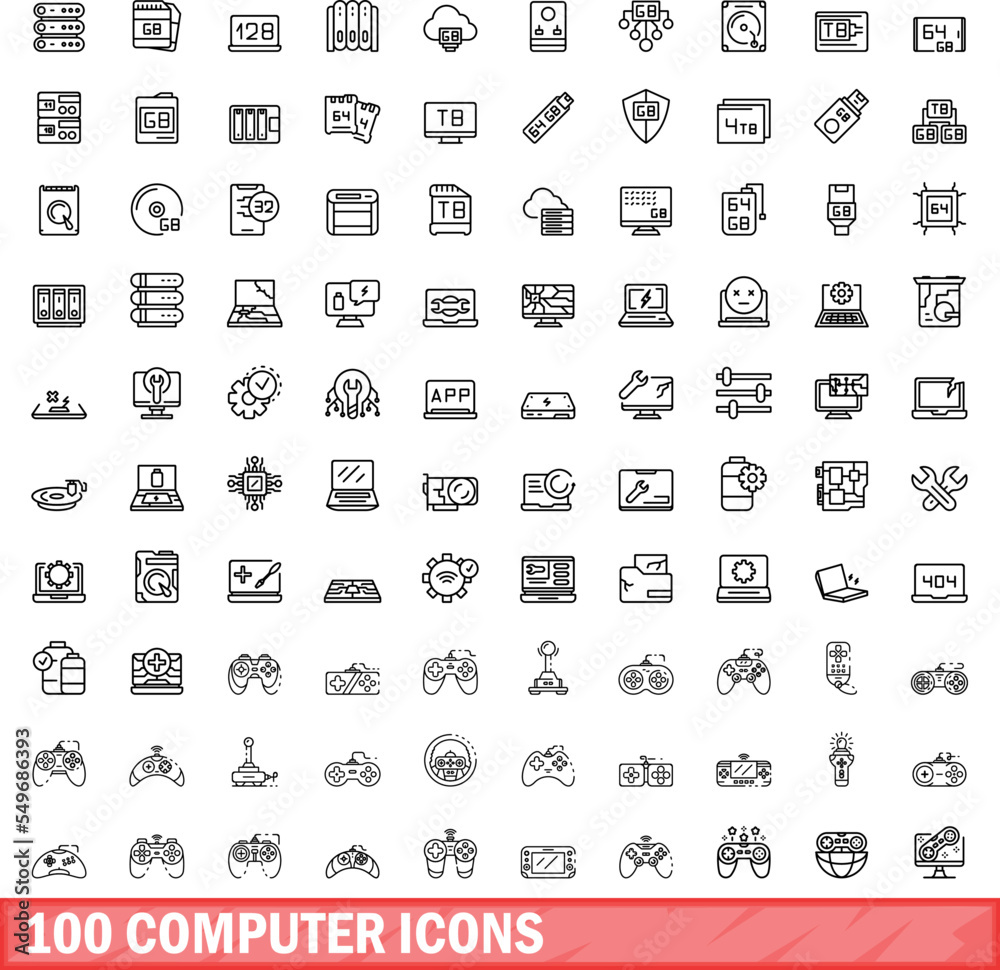 Poster 100 computer icons set. outline illustration of 100 computer icons vector set isolated on white back