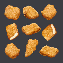 Set of crispy chicken nuggets on black background. Hand drawn watercolor vector illustration
