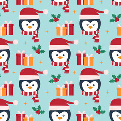 Christmas pattern with cute penguins and gift boxes. Festive background. Seamless pattern. Can be used for web page background fill, surface texture