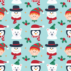 Cute winter characters. Penguin, gnome, snowman, polar bear. Seamless pattern. Can be used for web page background fill, surface texture