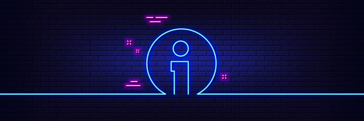 Neon light glow effect. Info line icon. Information center sign. Support speech bubble symbol. 3d line neon glow icon. Brick wall banner. Info outline. Vector