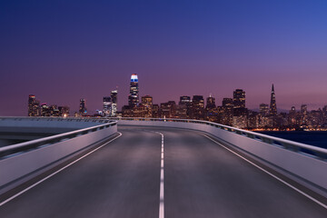 Plakat Empty urban asphalt road exterior with city buildings background. New modern highway concrete construction. Concept way to success. Transportation logistic industry fast delivery. San Francisco. USA.