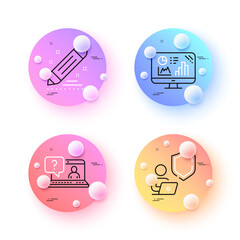 Shield, Analytics graph and Faq minimal line icons. 3d spheres or balls buttons. Brand contract icons. For web, application, printing. Online secure, Growth report, Web support. Edit report. Vector