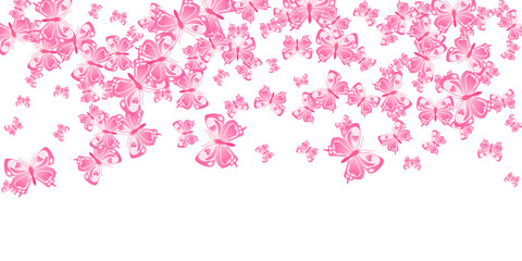 Exotic pink butterflies flying vector illustration. Summer cute insects. Decorative butterflies flying fantasy background. Delicate wings moths graphic design. Tropical creatures.