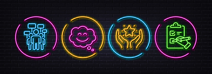 Ranking, Voting campaign and Smile chat minimal line icons. Neon laser 3d lights. Checklist icons. For web, application, printing. Hold star, People rally, Happy face. Questioning clipboard. Vector