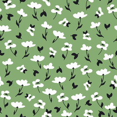 Cute floral pattern. Seamless vector texture. An elegant template for fashionable prints. Print with white flowers and black leaves. green background.